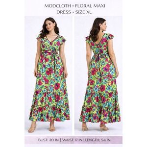 ModCloth Floral Maxi Dress XL Multicolor V-Neck Flutter Sleeve Tiered Boho
